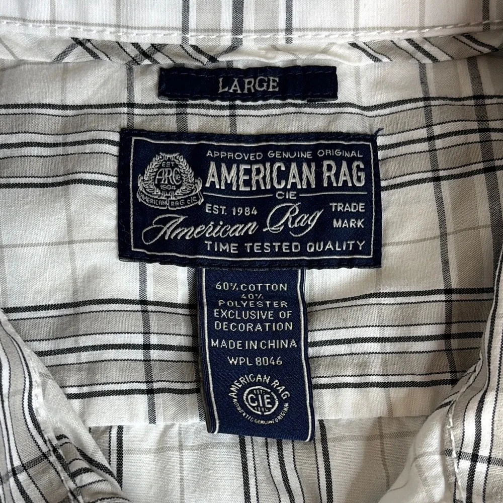 American Rag Plaid Button Down Shirt Casual White Gray Large Patch Details - Picture 9 of 9